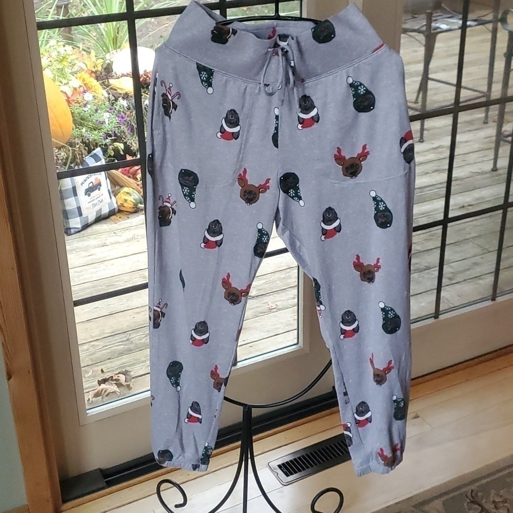 Gilly Hicks Find your Happy Place Holiday Pugs w/ Hats Cinched Sz M Lounge Pants
